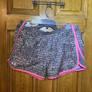 Large Under Armour gray and pink running shorts